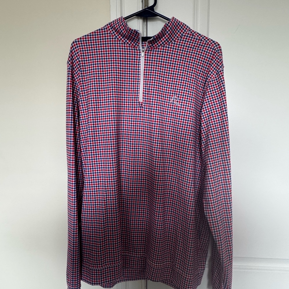 Rhoback Men’s Large Red, White & Blue Plaid Gingham Quarter-Zip Pullover